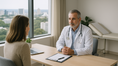 Médico atendendo paciente em sala moderna de coworking médico, com iluminação natural, paredes neutras, móveis claros e vista para a cidade de Brasília.