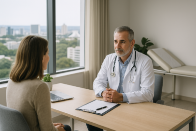 Médico atendendo paciente em sala moderna de coworking médico, com iluminação natural, paredes neutras, móveis claros e vista para a cidade de Brasília.