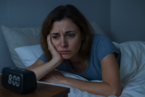 Mulher de 30 anos deitada na cama, com expressão de cansaço e insônia, olhando para o relógio digital no criado-mudo.
