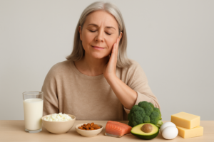 Mulher de meia-idade com cabelos grisalhos sentada à mesa com alimentos ricos em cálcio, como leite, queijo, brócolis, salmão, ovos e amêndoas, representando a importância da alimentação na prevenção da osteoporose.