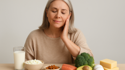 Mulher de meia-idade com cabelos grisalhos sentada à mesa com alimentos ricos em cálcio, como leite, queijo, brócolis, salmão, ovos e amêndoas, representando a importância da alimentação na prevenção da osteoporose.