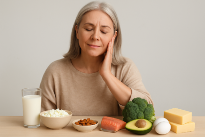 Mulher de meia-idade com cabelos grisalhos sentada à mesa com alimentos ricos em cálcio, como leite, queijo, brócolis, salmão, ovos e amêndoas, representando a importância da alimentação na prevenção da osteoporose.