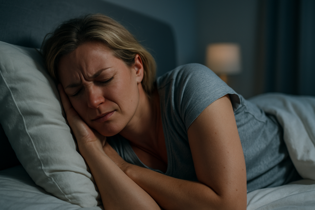 Mulher de pele clara deitada em uma cama, com expressão de desconforto e mãos pressionando as orelhas, em um quarto escuro e silencioso, representando dificuldade para dormir devido a zumbido ou desconforto auditivo.