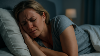 Mulher de pele clara deitada em uma cama, com expressão de desconforto e mãos pressionando as orelhas, em um quarto escuro e silencioso, representando dificuldade para dormir devido a zumbido ou desconforto auditivo.
