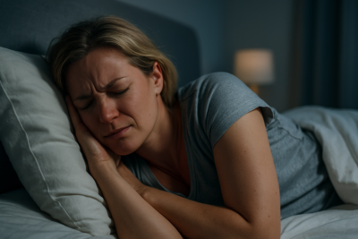 Mulher de pele clara deitada em uma cama, com expressão de desconforto e mãos pressionando as orelhas, em um quarto escuro e silencioso, representando dificuldade para dormir devido a zumbido ou desconforto auditivo.